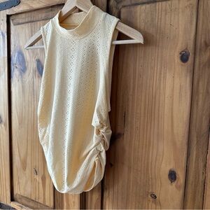 Butter Yellow Eyelet Mock Neck Ruched Sleeveless Top - Large